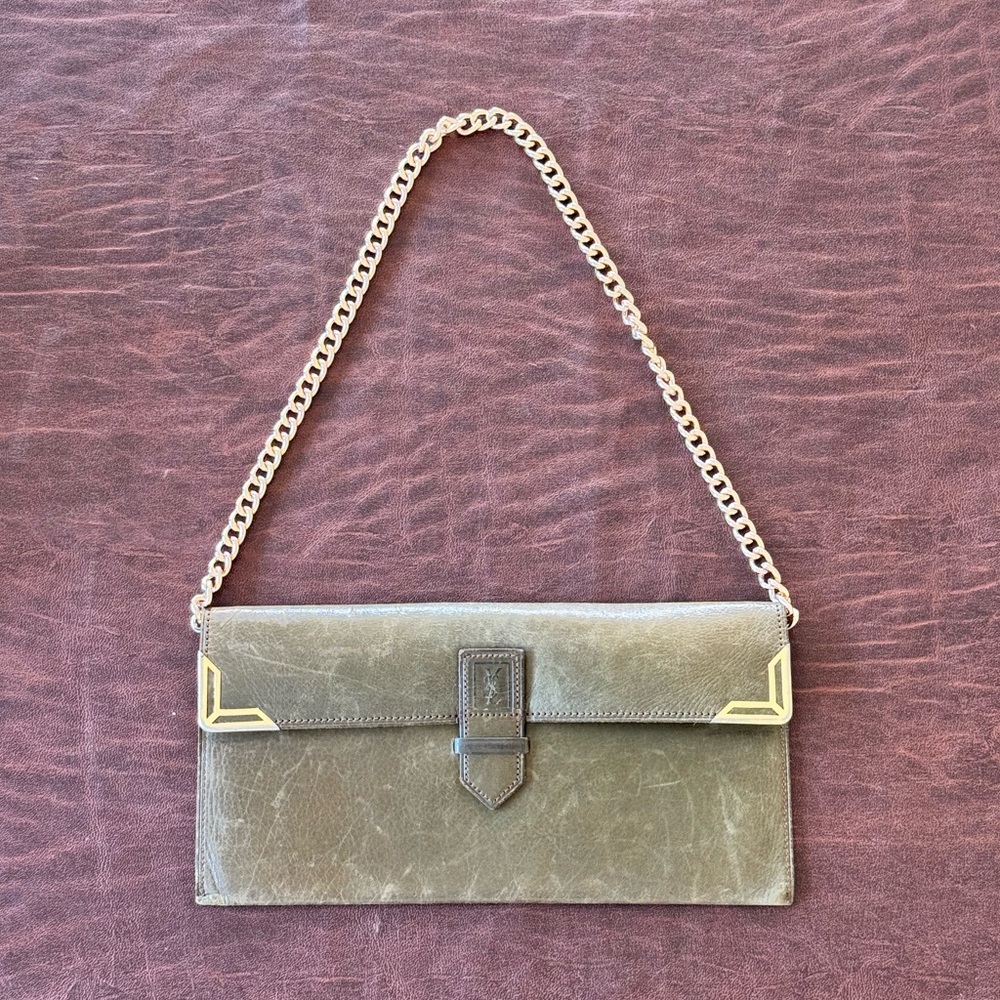SOLD ❌ Yves Saint Laurent YSL Khaki Olive Soft Lambskin Envelope Wallet w/ Chain